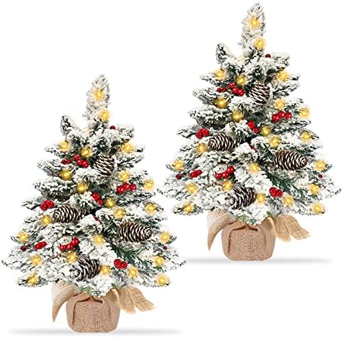 [טיימר] 2 חבילות 20 אינץ 'שלג נוהר נוהרים מראש שולחן חג המולד עץ חג המולד סופר עבה עם 30 אורות לבנים חמים